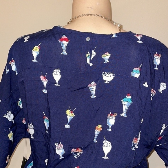 Zara women’s shirt blouse Medium top ice cream sundae print tie navy blue - Picture 6 of 9